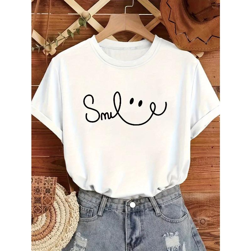 Women's Smile Print T-Shirt Round Neck Short Sleeve Medium Stretch Nontransparent Relaxed Fit Machine Washable Spring Summer Playful Casual Top