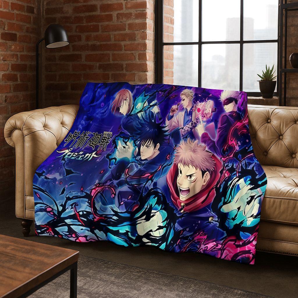Anime Jujutsu Kaisen Yuji Satoru Kreskówkowy Koc Flanelowy, Przytulny Miękki Koc Rzutowy do Domu Sypialni Łóżka Kanapy Pokrowiec Piknikowy Prezent Dziecko