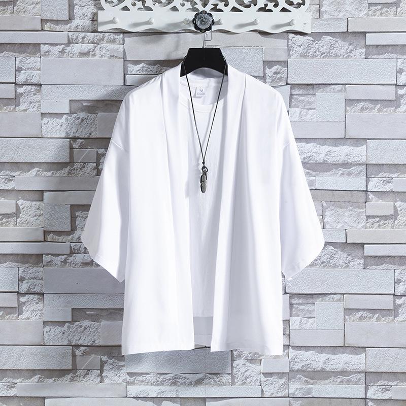 Men's Casual Seven-Sleeve Ice Silk Cardigan, Chinese Style, Solid Color, Plus Size