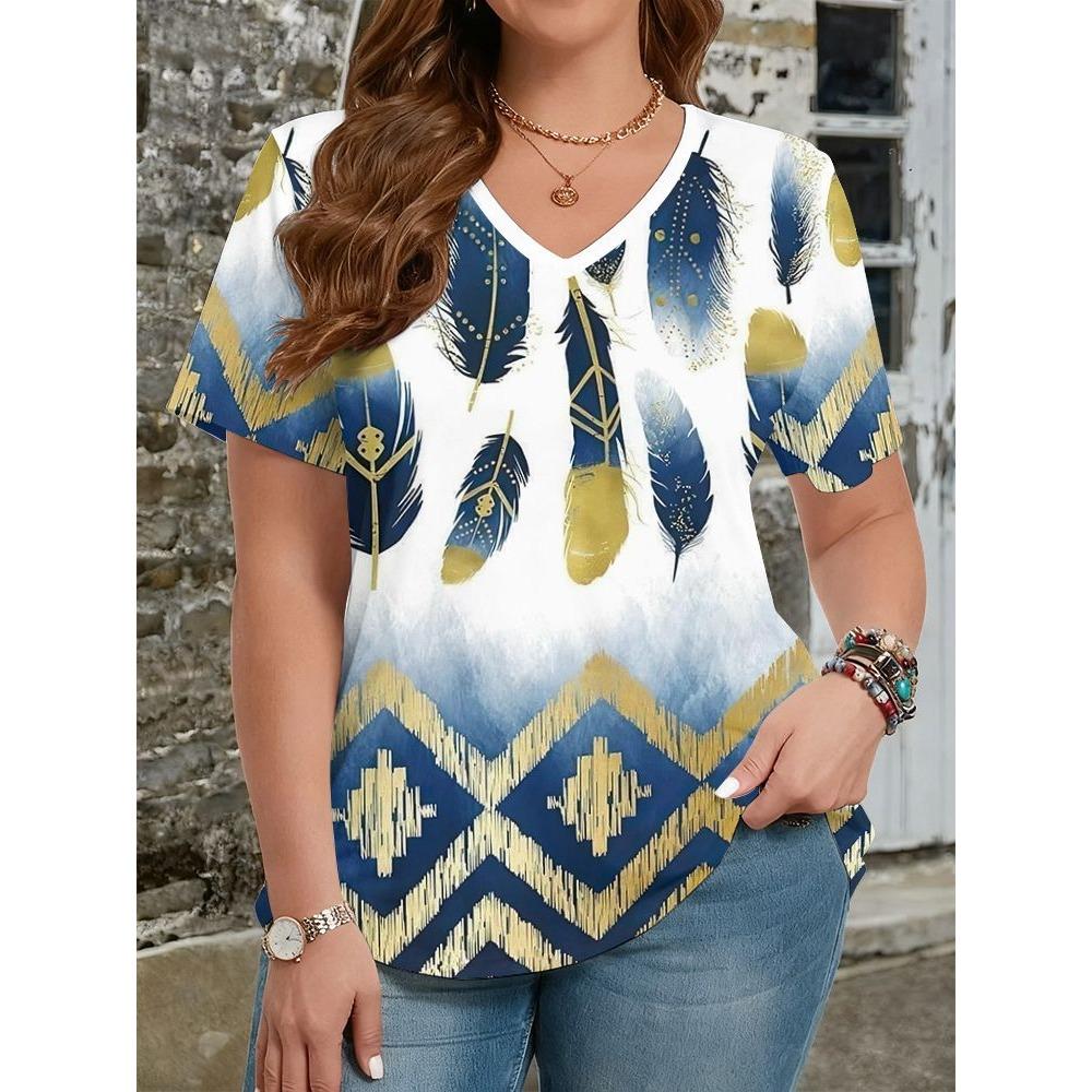Summer Ethnic Style Floral 3D Print T-Shirts Women's V-Neck Short Sleeve T Shirt Y2k Harajuku Tees Casual Tops Female Clothing