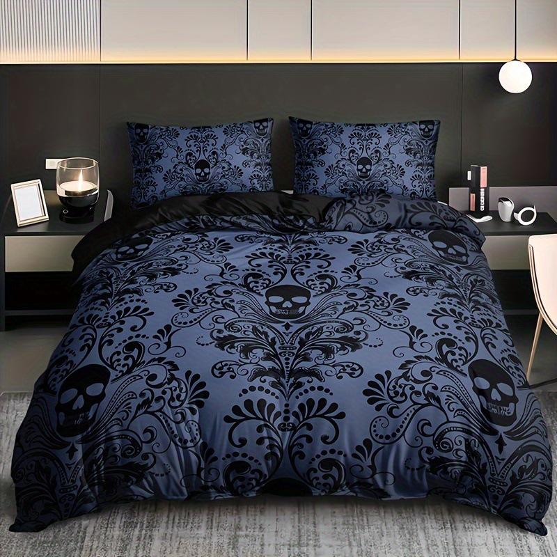 Black Damask Comforter Cover Set Exotic Sugar Skull Duvet Covers Gothic Vintage Floral Skeleton Bedding Set Bohemian Quilt Cover