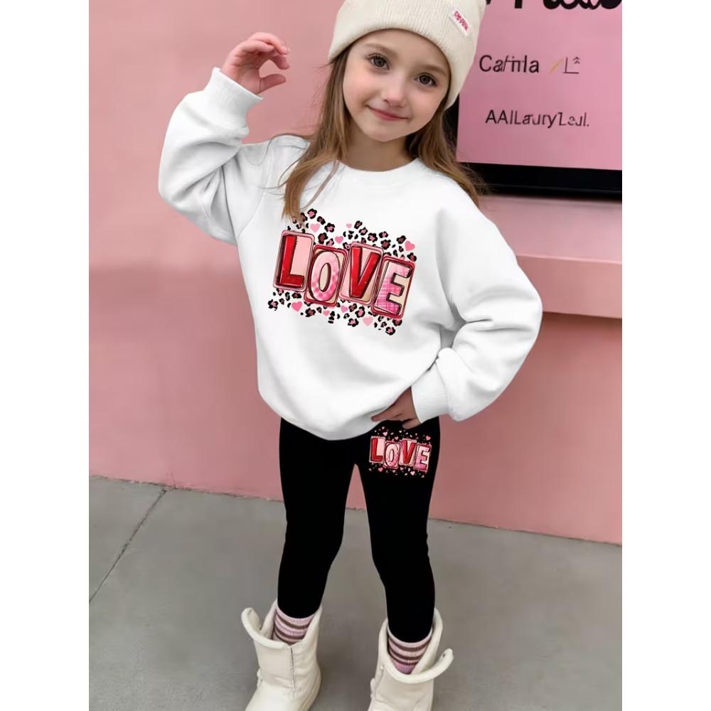 Girls' Sweet Heart Casual Comfortable Soft Loose Pullover Sweatshirt and Leggings 2-Piece Set, New Autumn/Winter, Playful, Sweet and Cool Style