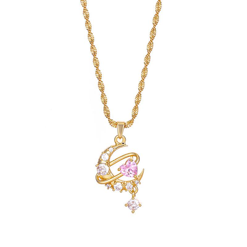 Collier Amour de Lune pour Femmes Sens Premium Simple Polyvalent Pendentif Zircon Rose Incrusté Accessoires