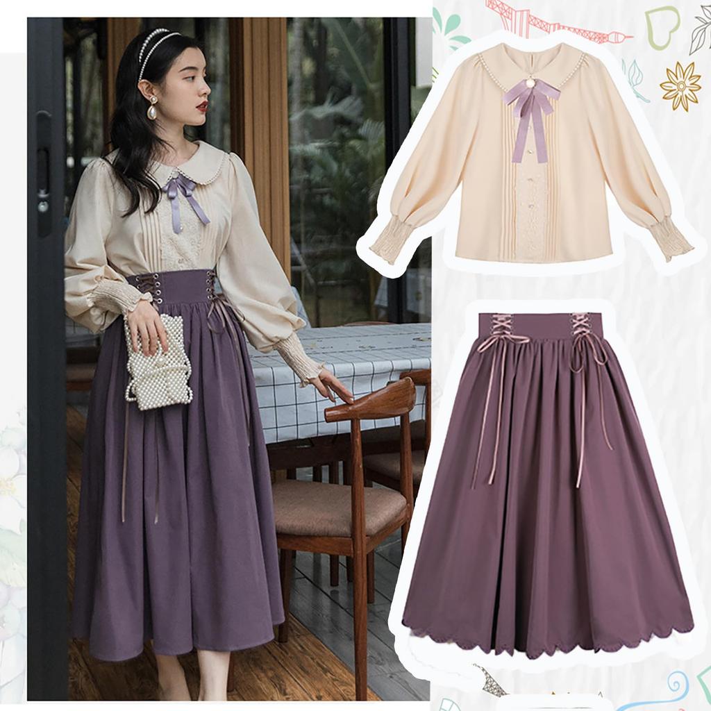 cute blouse and skirt set for top and bottoms with a bow Long Mori perfect for [LAVASEON] Mass-produced, 2-piece women. Midi-length tie. sleeves,
