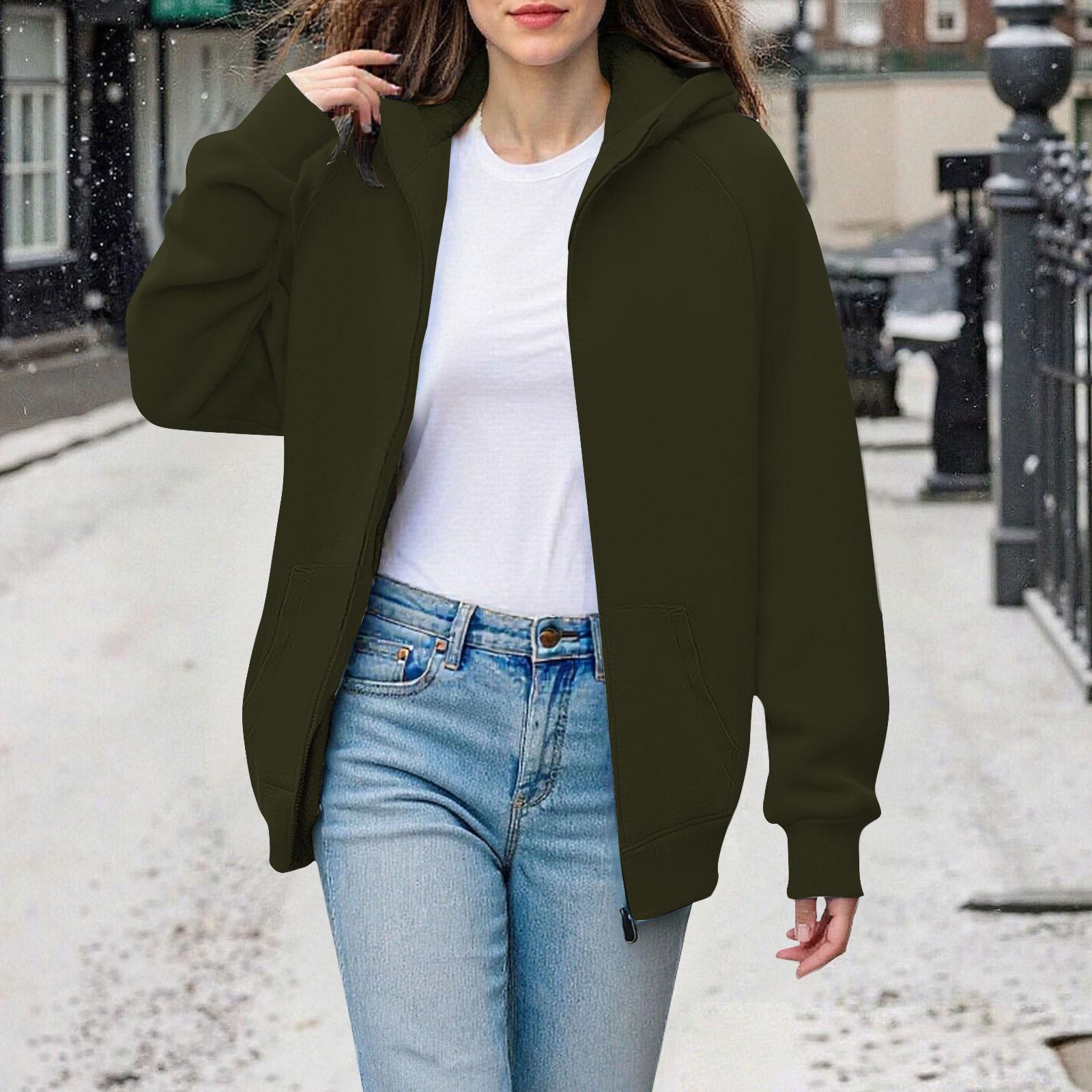 

Women s Fashion Solid-Colour Thickened Hooded Sweatshirt With Zip-Up Fleece-Lined Sports Jacket L армия зеленый