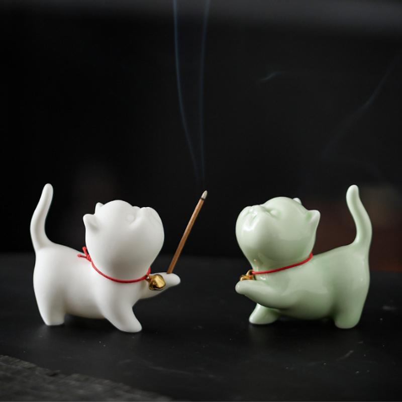 Cute Cat Incense Burner Stick Holder Mini Lovely Cat Incense Burner With Bamboo Mat Home Decor Tea Pet Tea Ceremony Accessories