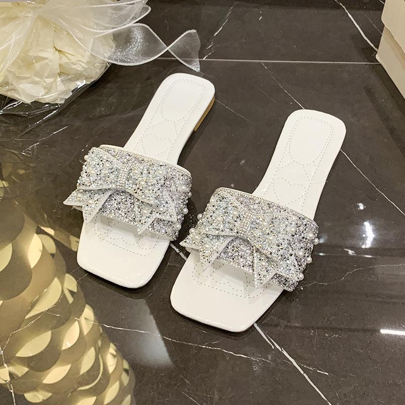 

Beautiful square head high-end slippers women s outer wear 2025 summer fashion versatile bow pearl cool slippers women s shoes 42 белый