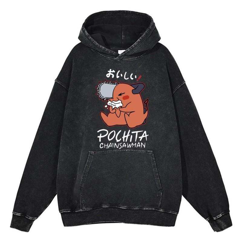 Heavyweight 440g Washed Vintage Denim-Style Anime Hoodie Men Streetwear Casual Sweatshirt