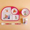 5 Piece Toddler Kids Bamboo Dinnerware Set Cartoon Animal Food Plate Feeding Dishes Bowl Spoon Fork Cup Tableware Baby Shower Gifts Multicolor