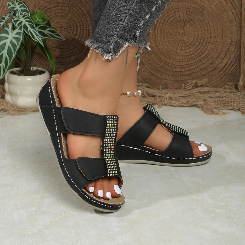 Women's Casual Wedge Slide Sandals with Adjustable Straps and Rhinestone Embellishments Comfortable Summer Footwear for Daily Wear
