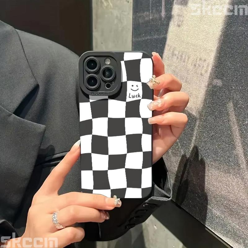White Grid Smiling Face Print Phone Case For iPhone 16 15 14 13 12 11 Pro Max Mini 7 8 Plus X XR XS Matte Shockproof Soft Cover
