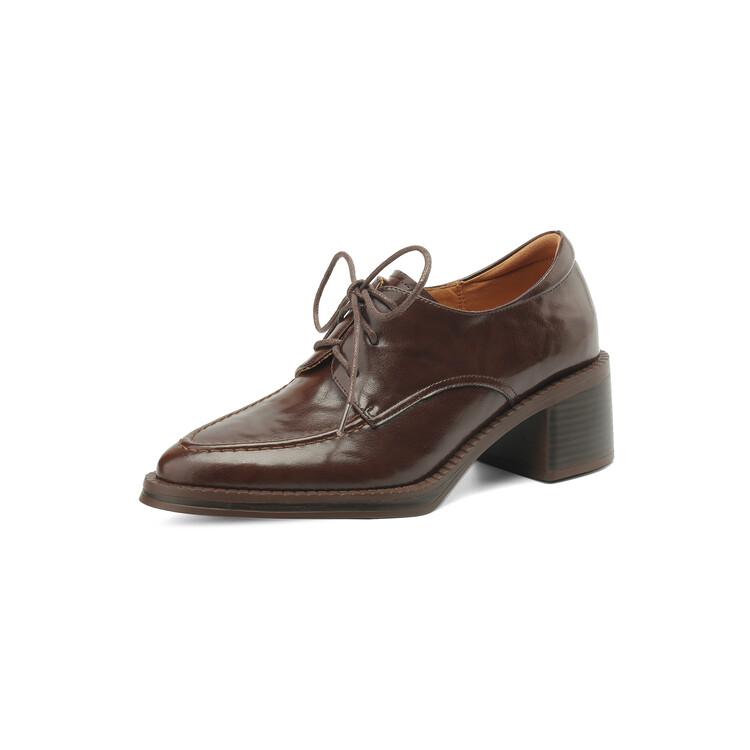 Fashion New Spring Pleated Cowhide Loafers Woman Shoes Chunky Heels Pointed Toe High Heels Shoes for Women Lace Women Pumps Zaptos Mujer