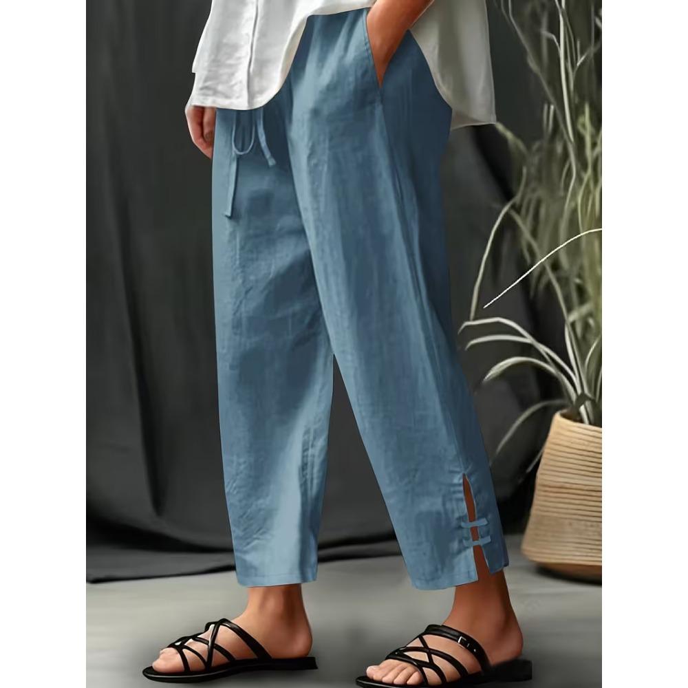 Women s Elastic Waist Solid Color Drawstring Cropped Pants With Slit Hem S