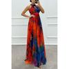 Women Halter Neck Sleeveless Printed Tie Waist Flowy Hem Dress, Casual Fashion Summer Dress for European American Women