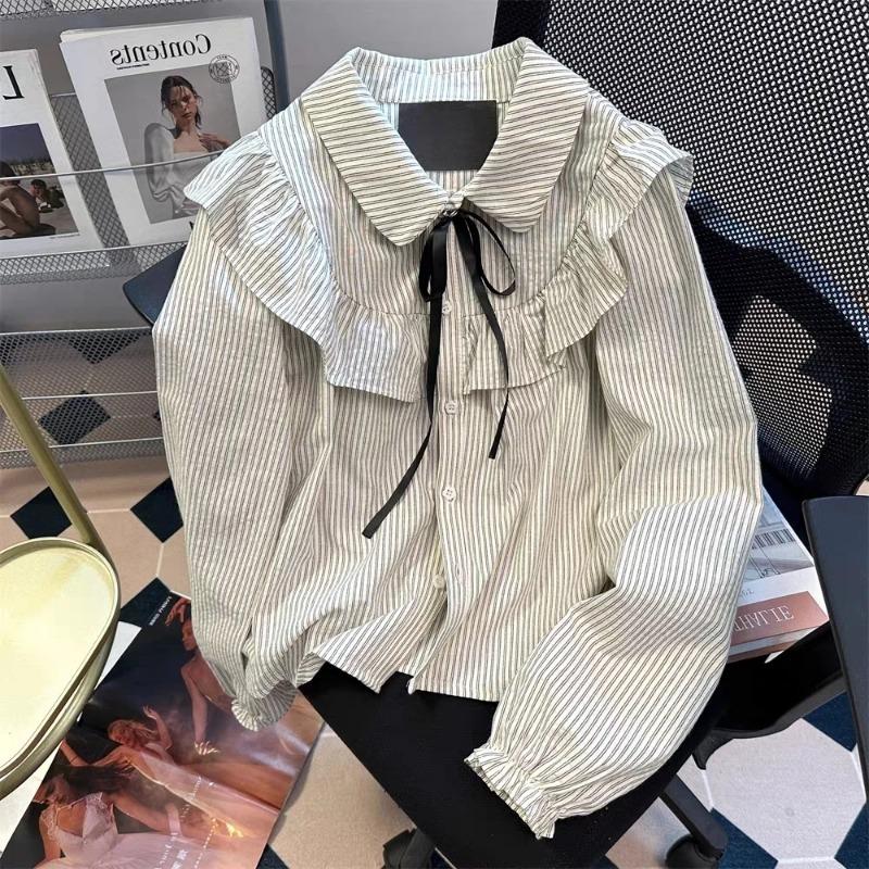 

Women s Plaid Ruffle Blouse with Bow Tie Casual Long Sleeve Button-Down Shirt S бежевый