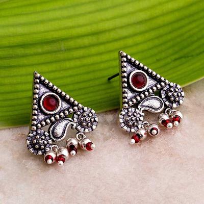 Oxidised Silver Brass Triangle Stud Statement Earrings with Pink Stone for Women and Girls