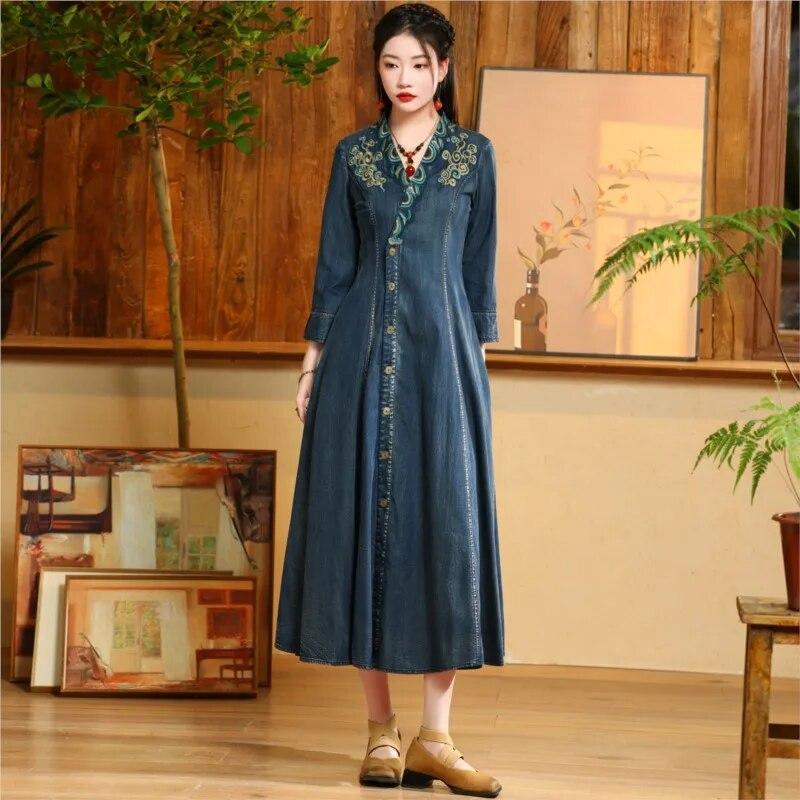 Johnature Vintage Chinesischen Stil Stickerei Baumwolle Einreiher Kleid Frau Frühling V-Ausschnitt Lange Ärmel A-Linie Kleid