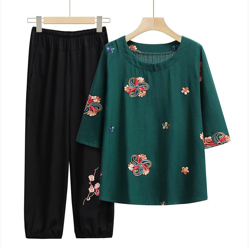 

Летняя женская футболка среднего размера и пожилого возраста большого размера в этническом стиле с вышивкой и семиминутными рукавами, модные топы для мамы XXXL