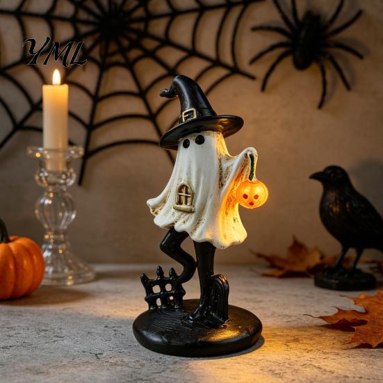 Hand Painted Resin Ghost Decor Halloween Figurine, Vintage Cute Holding Unique Gothic Room Accents Pumpkin Lantern Statue for Indoor Home Table