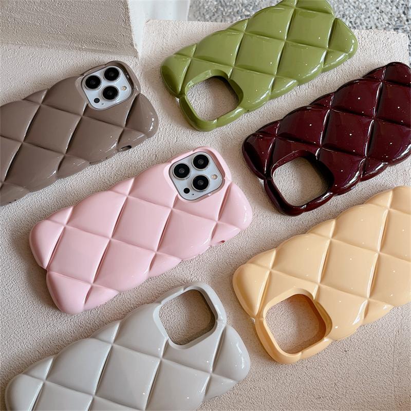 Korean Stylish 3d Diamond Lattice Plain Phone Case For Iphone 14 13 12 11 Pro Max Glossy Grid Shockproof Soft Back Cover Funda