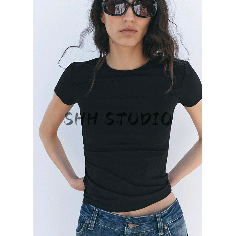 Women's Spring Clothing American Minimalist Casual Multi-Color Blended Silm Short-Sleeved T-shirt 0264216