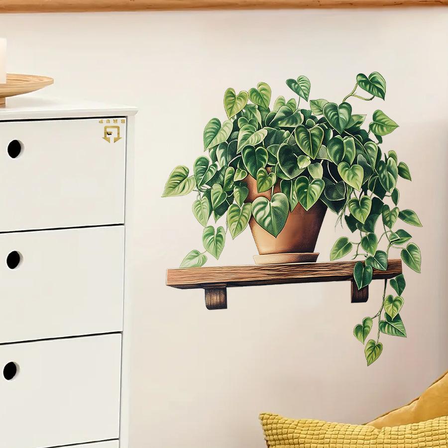 Künstliche Efeutute Grüne Pflanze Blume Topfpflanze Wandaufkleber, Selbstklebend Frische Heimdekor Aufkleber für Wohnzimmer Schlafzimmer Dekoration