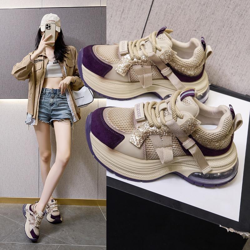 Leather dad shoes women's platform inner height increase splicing mesh sports shoes women's casual lace-up student shoes