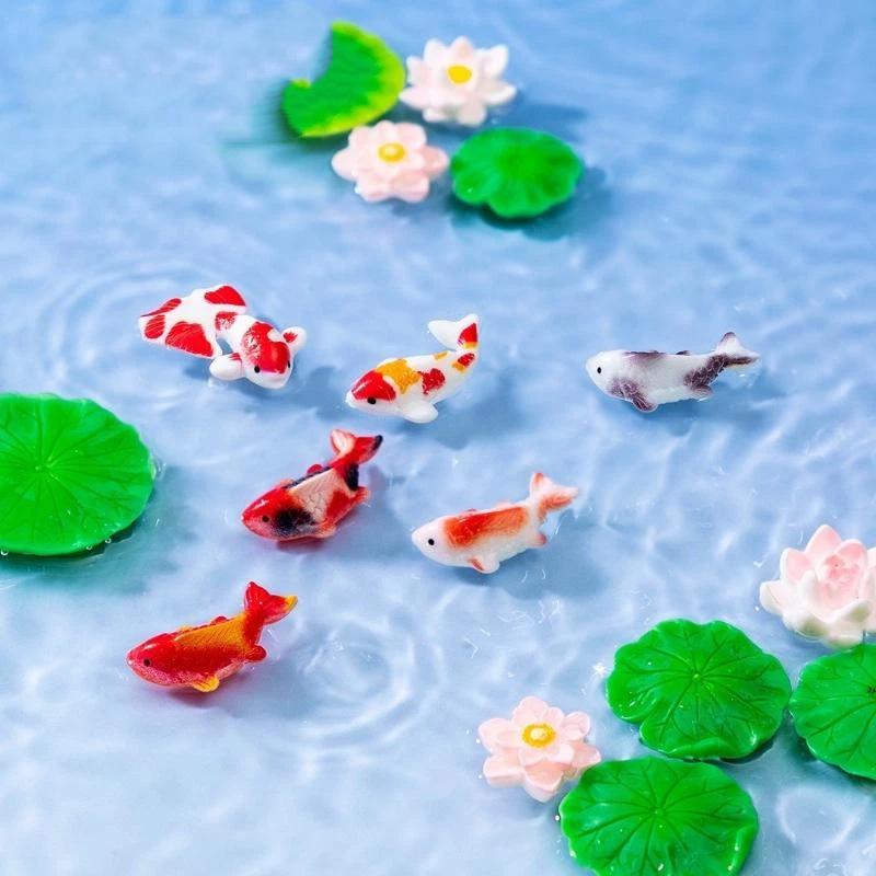 Mini-Harz-Koi-Fisch-Figuren Lebendige Mehrfarbige Lotus-Ornamente Korrosionsbeständig für Aquarium-Fischbecken Bonsai-Landschaftsgestaltung Dekor