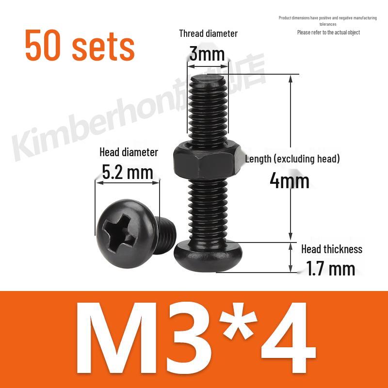 Complete Set of Black 304 Stainless Steel Phillips Round Head Screws and Nuts - M2M3M4M5M6MM.