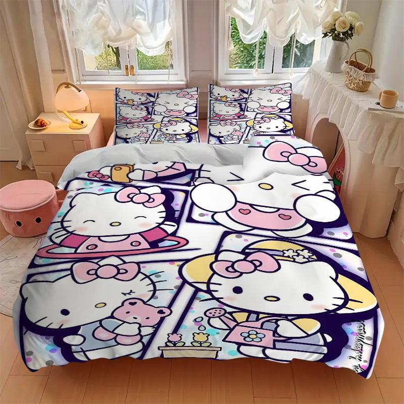 3pcs Hello Kitty's Cute Moments Bedding Set Includes Quilt Cover and Pillowcases, Suitable for All Seasons, Machine Washable Ideal Gift S043