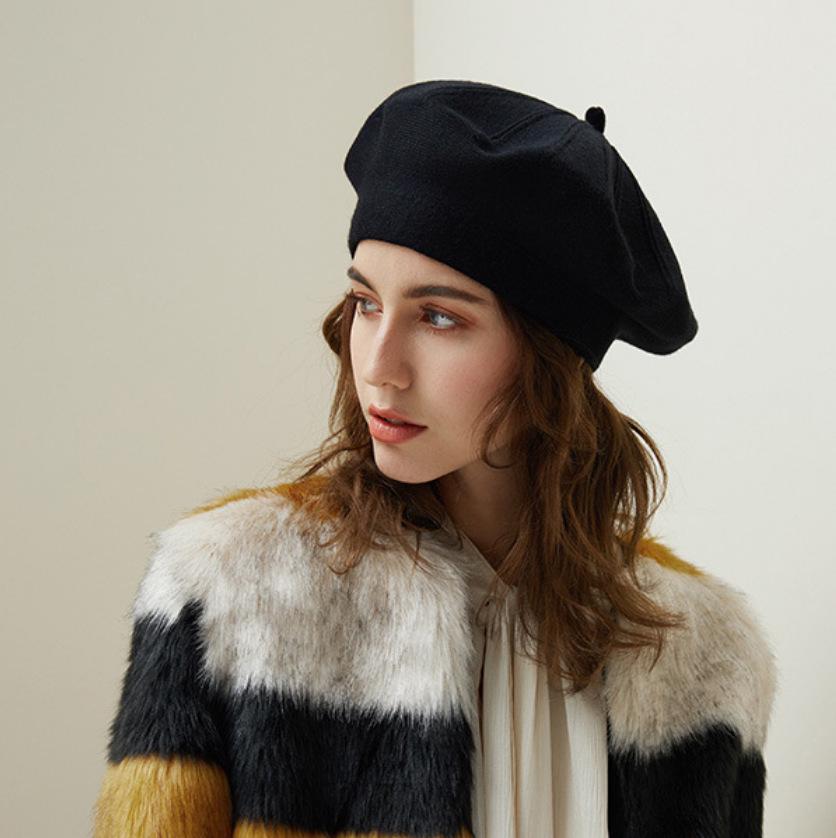 French Women's Wool Knit Striped Beret: Warm, Elastic, Brimless Winter Hat
