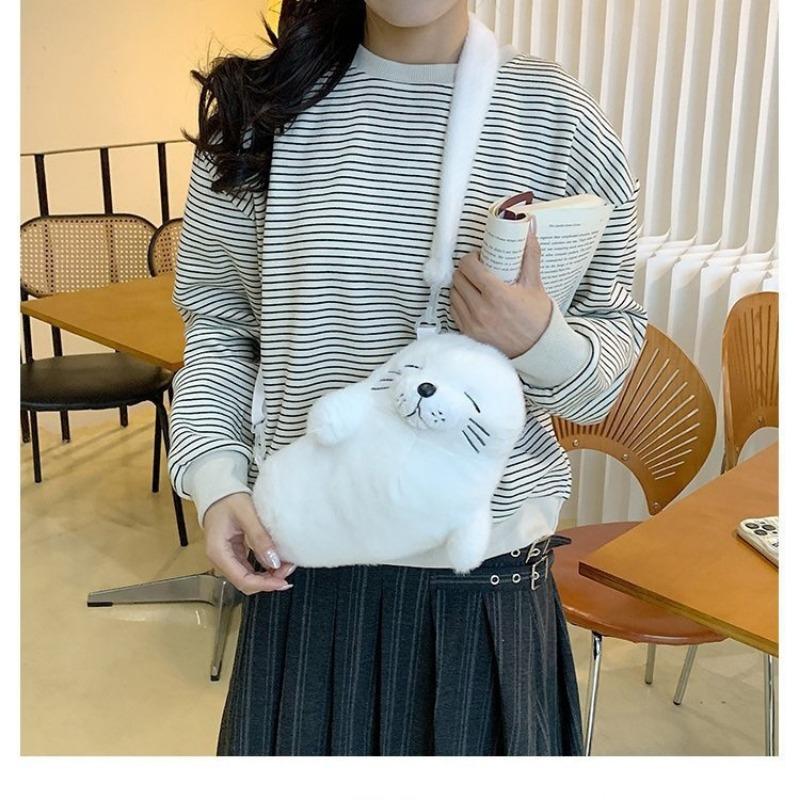 Fur Seal Plush Bag Cute Grey Seal Handbag Kawaii Sea Animal Crossbag Makeup Bag for Women White Seal Phone Bag Birthday Gifts