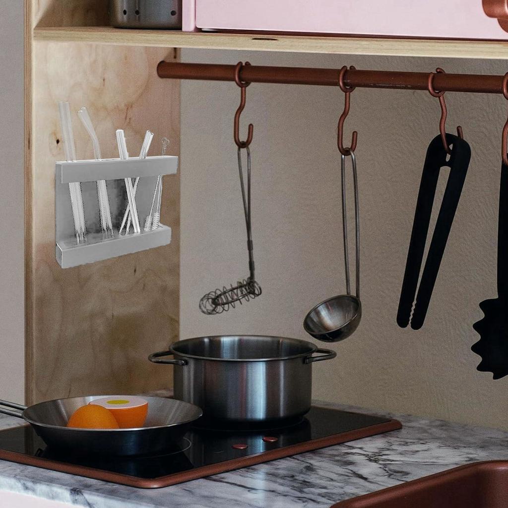 Wall Mount Straw Holder with Adhesive Bottom Drainage Acrylic Cabinet Door Reusable Straw Storage   for Kitchen Tabletop