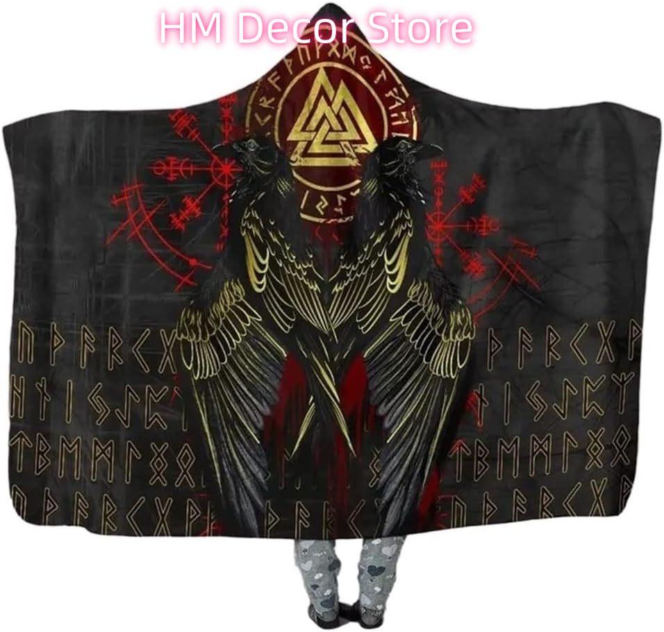Norse Viking Hooded Blanket Cloak Nordic Myth Odin'S Raven Crow Pattern Hooded Cape Super Soft Cozy Wearable Blanket 3D Print No