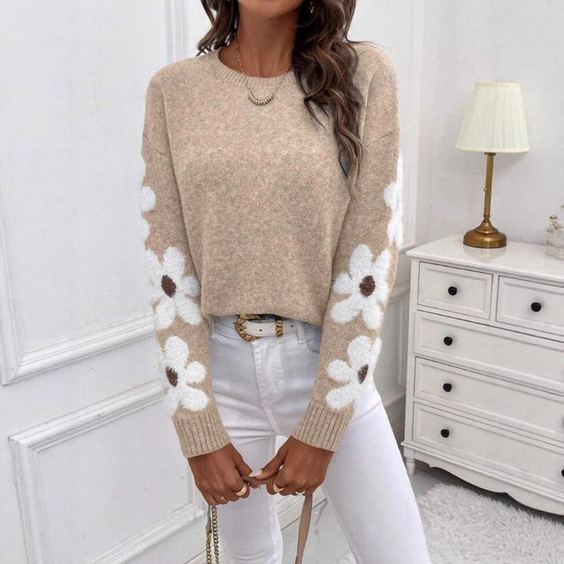 

European American Fashion Trend Crew Neck Long Sleeve Sweater Floral Jacquard Casual Elegant Versatile Knitted Top Women S абрикосовий