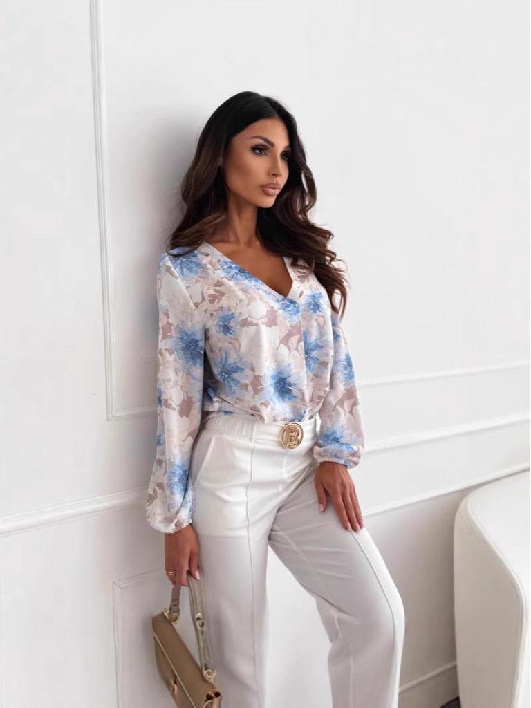 Elegantes Damen V-Ausschnitt Langarm Print Hemd