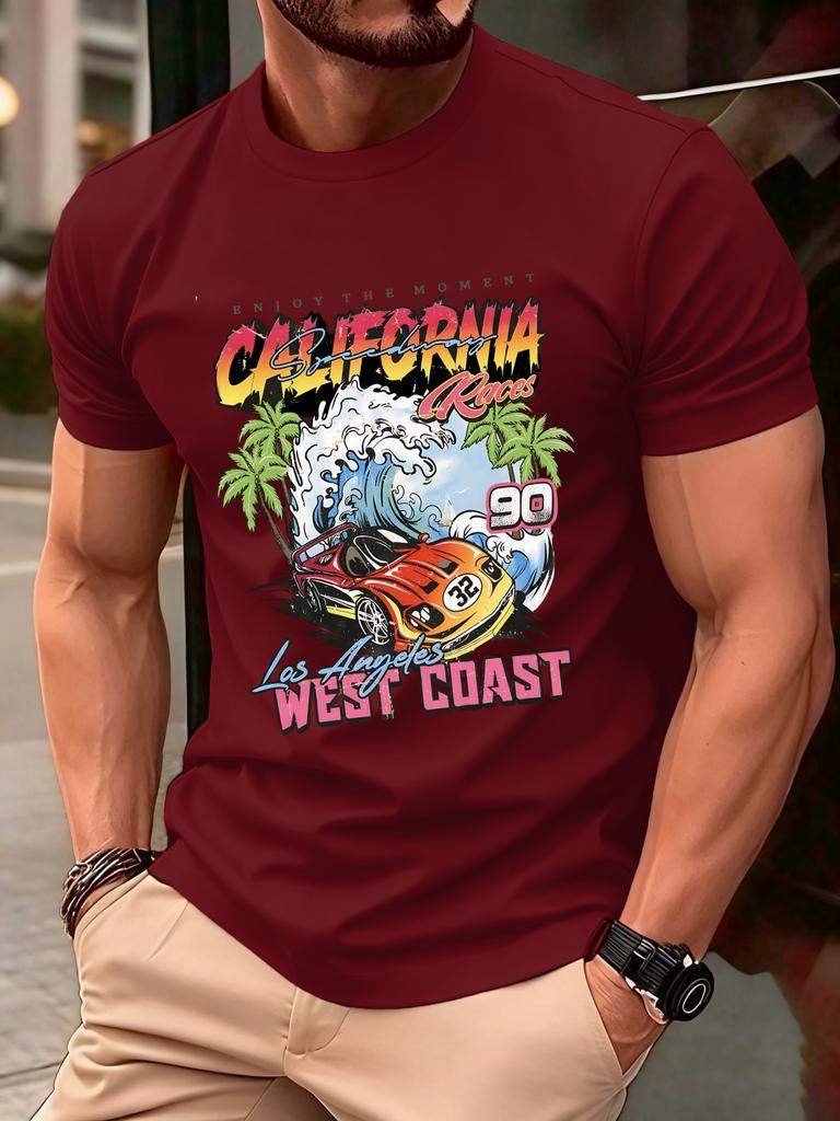 California West Coast Print Mens T Shirts Hip Hop AllMatch Tops Casual Cotton Vintage Clothes Male Loose Crewneck Streetwear