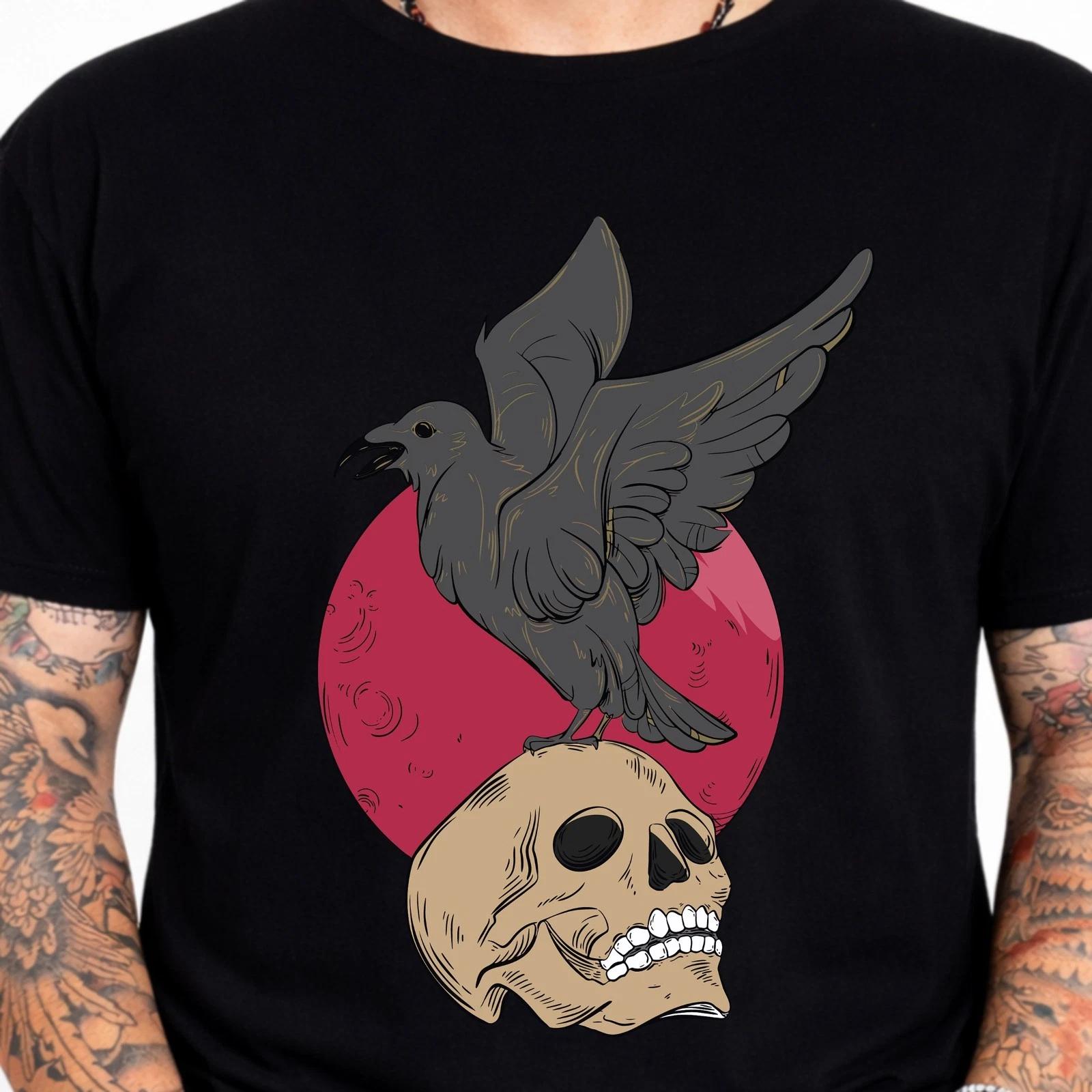 Crow Skull Tee Gothic Raven Moon Dark Art Goth Occult Spooky Graphic Shirt. M