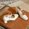 Leather square head shallow mouth high heels women's one-word buckle Mary Jane women's shoes with skirt spring and autumn French thick heel sing