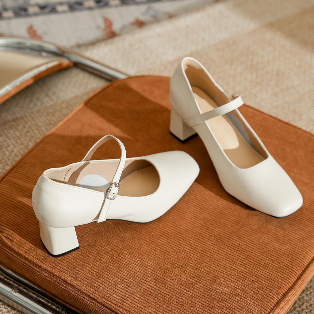 Leather square head shallow mouth high heels women's one-word buckle Mary Jane women's shoes with skirt spring and autumn French thick heel sing