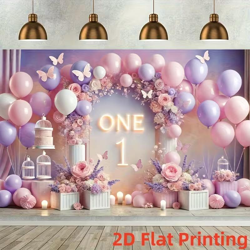 2D Pink Purple Butterfly 1st Birthday Backdrop ONE Balloon Photography Background 47.2x31.5inch/120*80cm