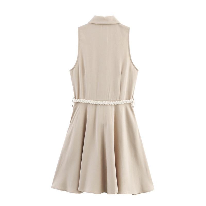 Women's Turn Down Collar Sleeveless Mini Dress Loose Fit Mid Rise Minimalist Belted A Line Shirt Dress