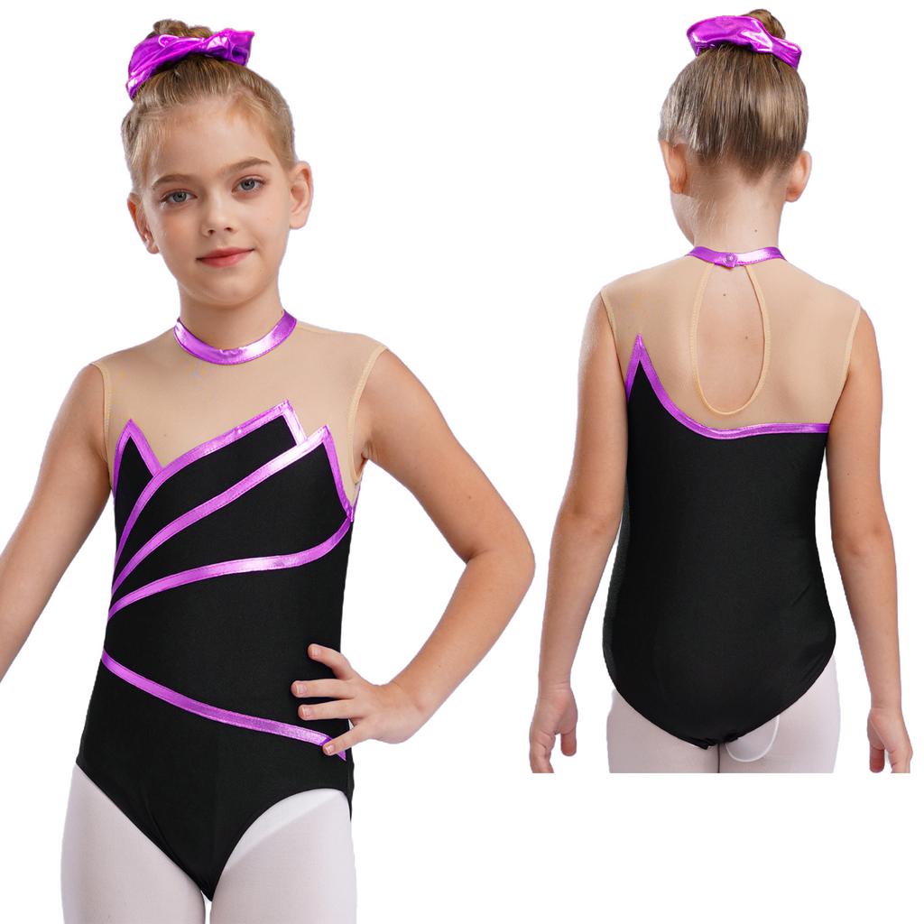 Girls Gymnastics Leotard: Metallic Striped Sheer Mesh Patchwork Keyhole Back Sleeveless Bodysuit for Dance Performance