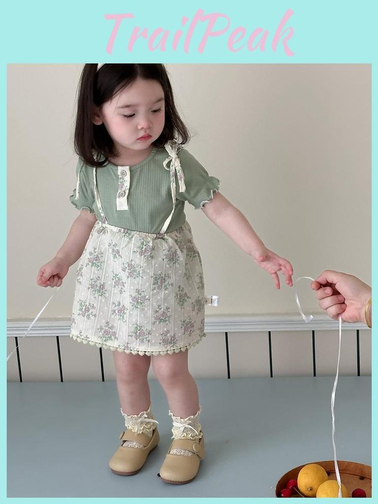 Stylish Korean Toddler Girls Summer Outfit Soft Cotton Short Sleeve T-shirt And Skirt Set