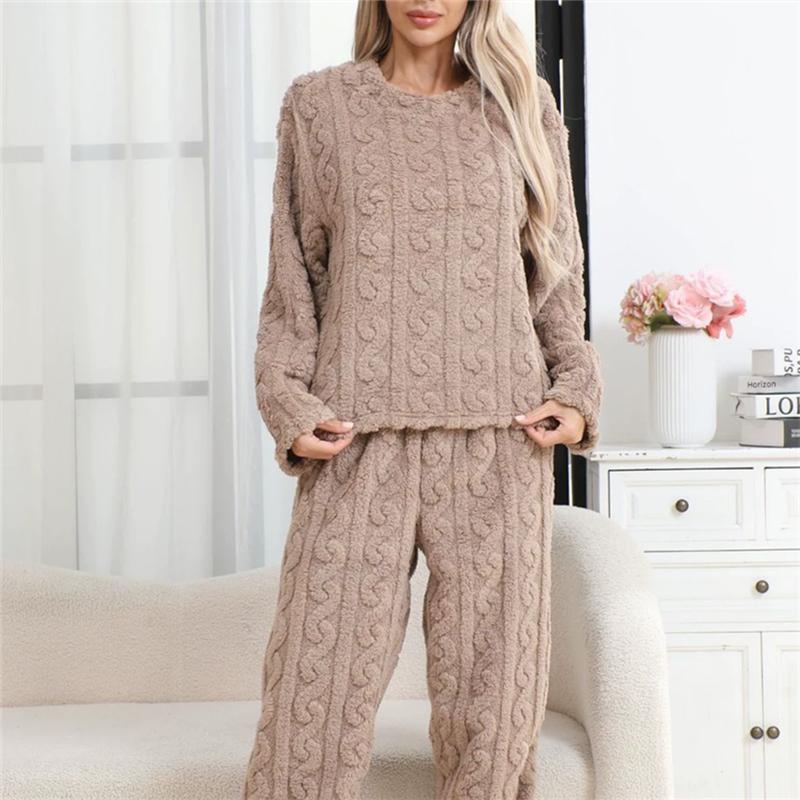 

Autumn Winter Warm 2-Piece Pajamas Set of Women Home Wear Flannel Long Sleeve Tops and Trousers Home Wear Loungewear S