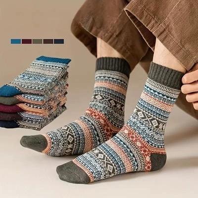 1/5 Pairs Casual Socks Autumn/Winter Women Comfortable Round Neck Socks Ethnic Style Retro Pattern EU Size 38-43