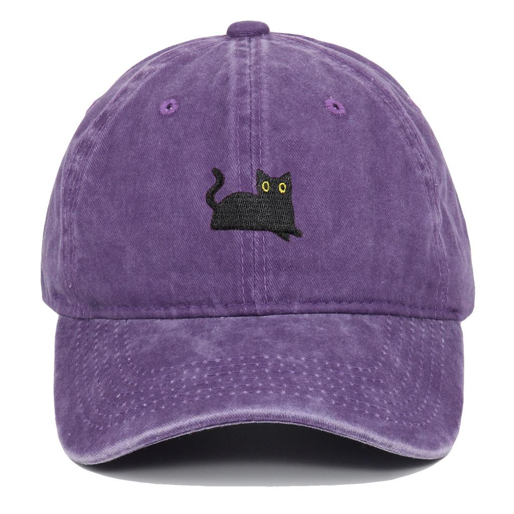 Unisex Black Cat Embroidered Washed Baseball Cap - Outdoor Summer Sun Hat, Hip Hop Style