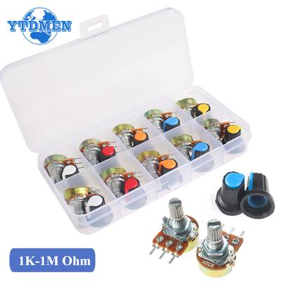 10 conjuntos WH148 15mm 3 pinos Kit Potenciômetro Linear 1K 2K 5K 10K 20K 50K 100K 250K 500K 1M Conjunto de Potenciômetros Rotativos com Tampa de Botão