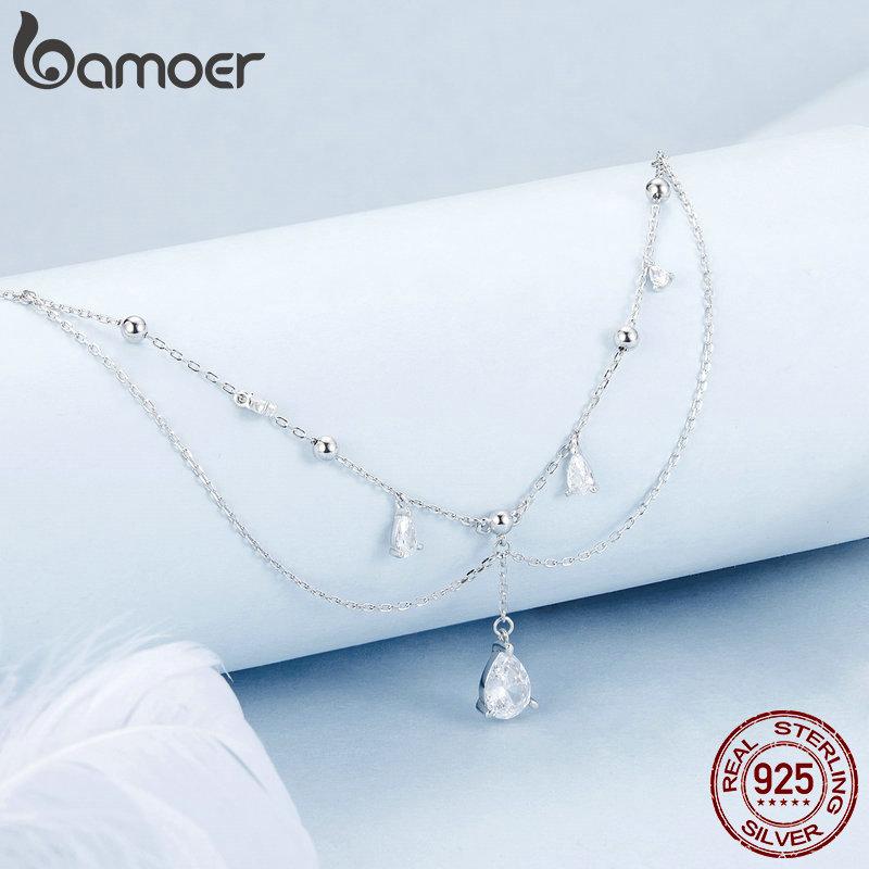 BAMOER 925 Sterling Silver Shining Droplet FringeTassel Pendant Necklace Double-layer Necklace for Women Fine Jewelry Gift