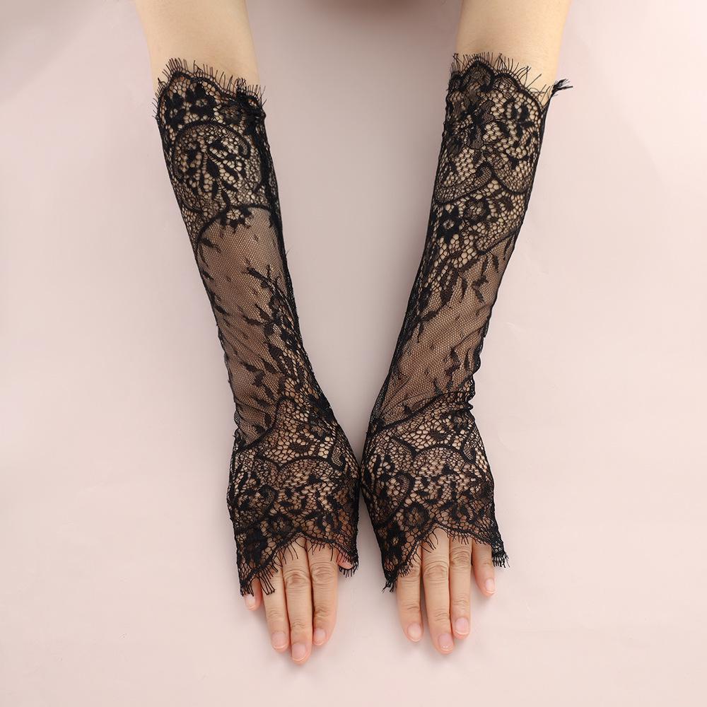 Lace Fingerless Bridal Wedding Gloves - Breathable Long Sleeve Sun Protection in Black & White